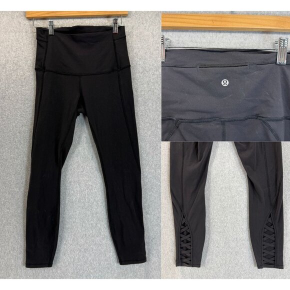 Lululemon Black Crop‎ Leggings Criss Cross Pure Practice Pant High Waist Size 6 - Picture 1 of 16